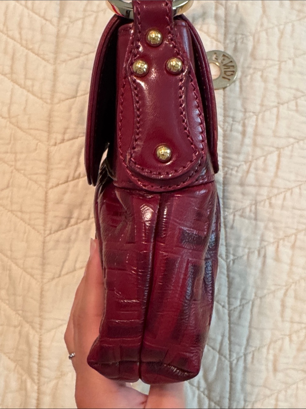 Authentic Fendi Wine Red Embossed FF Leather Shoulder Bag - Picture 7 of 12